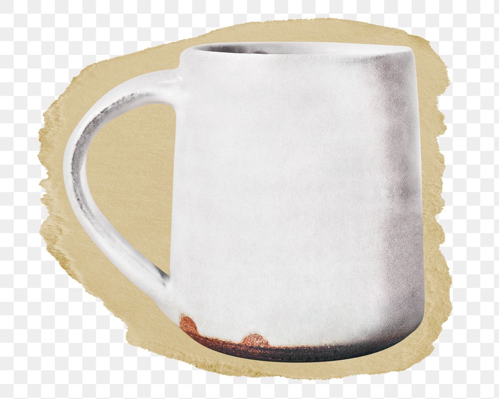 White ceramic mug png ripped paper sticker, utensil graphic, transparent background