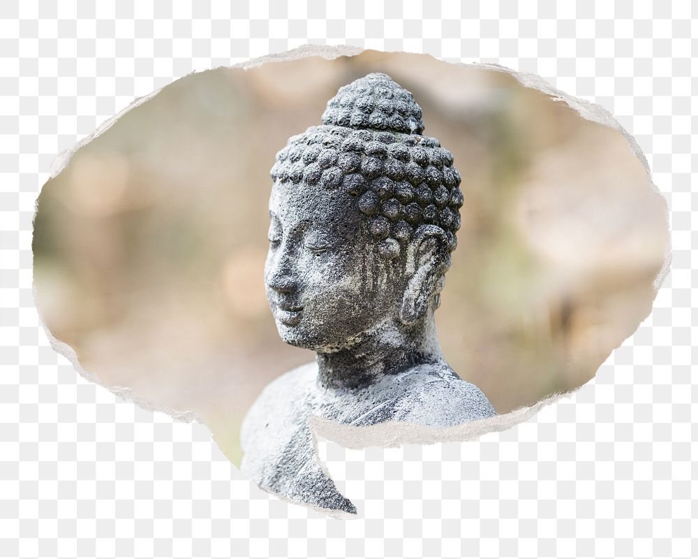 Buddha statue png sticker, ripped paper speech bubble, transparent background