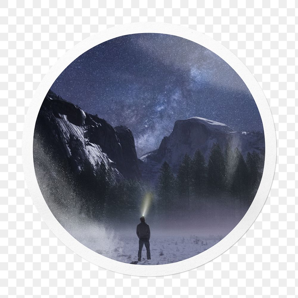 Png man in snow mountain sticker, travel circle frame, transparent background