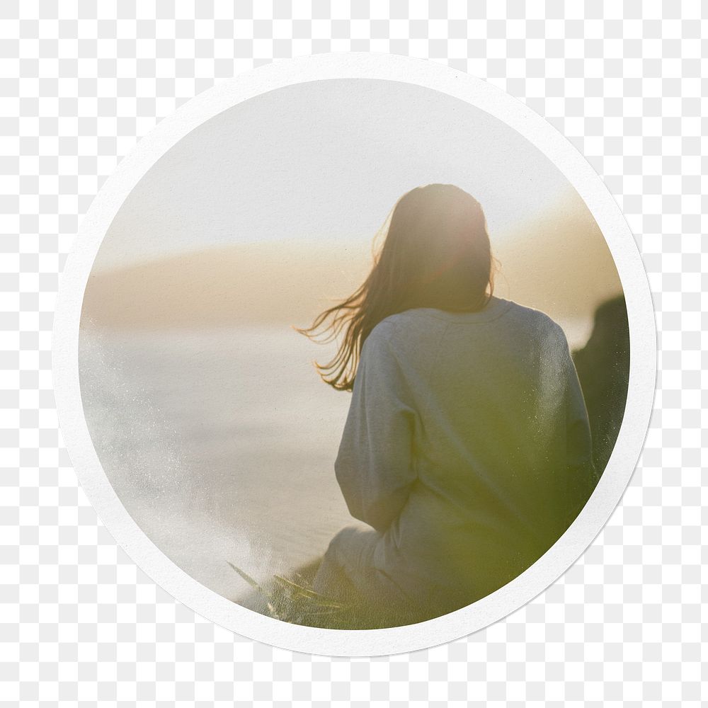 Png woman under sunlight sticker, travel circle frame, transparent background