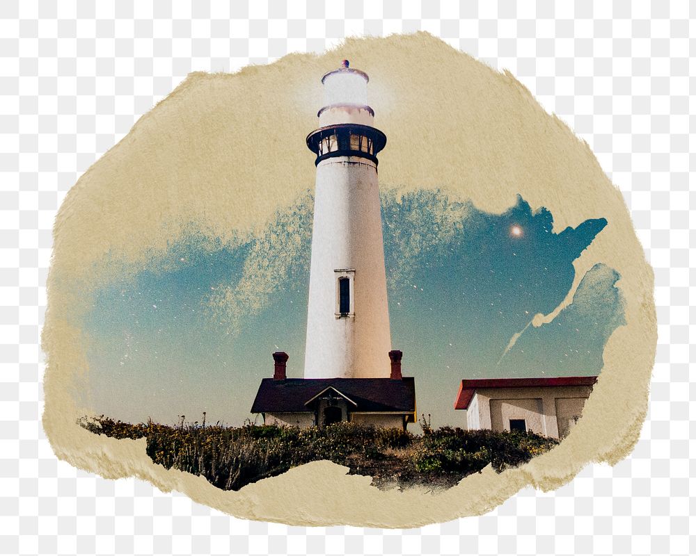 Lighthouse png sticker, ripped paper, transparent background