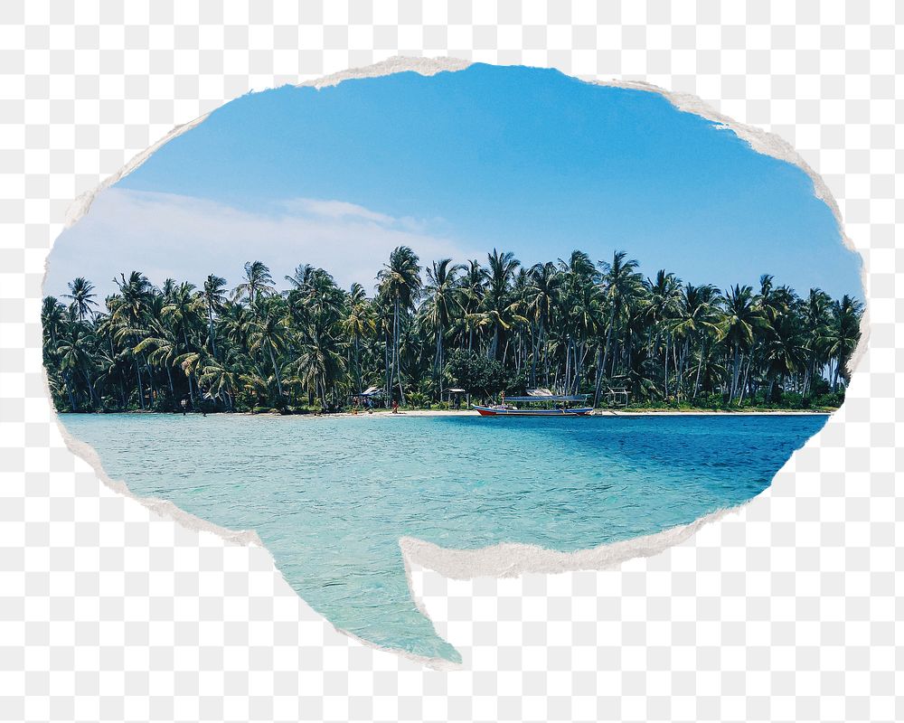 Tropical Summer beach png sticker, ripped paper speech bubble, transparent background