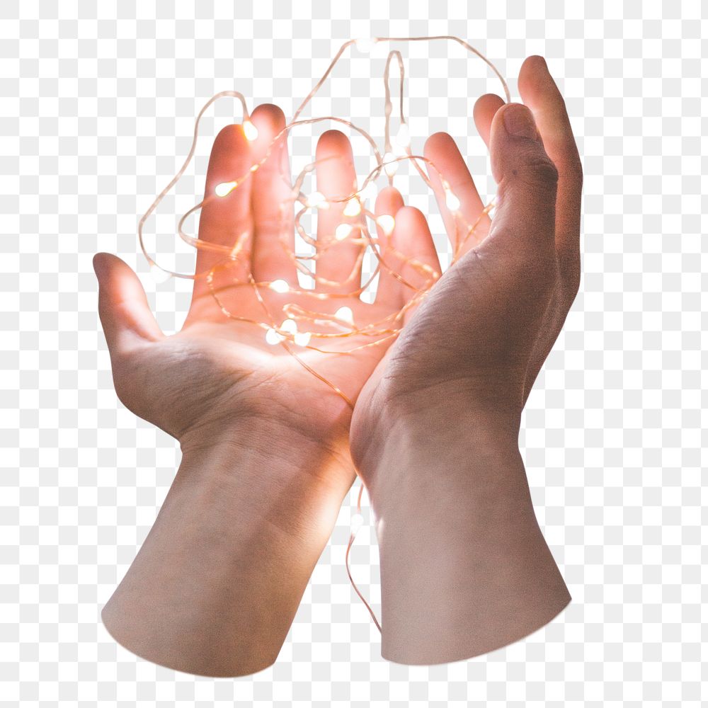 Hands holding png fairy lights sticker, aesthetic image on transparent background