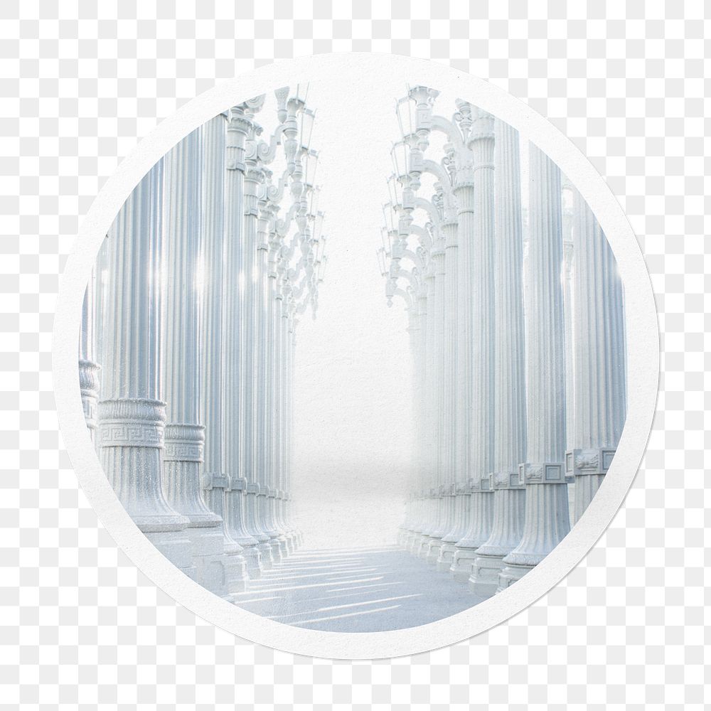 Png aesthetic white pillars sticker, architecture circle frame, transparent background