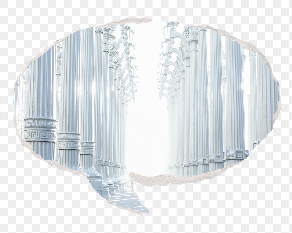 Png aesthetic white pillars sticker, ripped paper speech bubble, transparent background