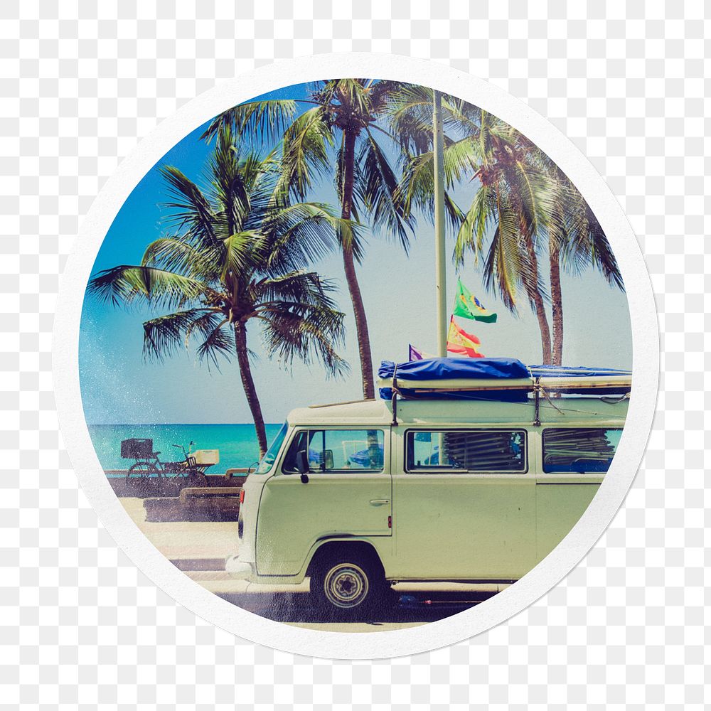 Png Summer camper van sticker, travel circle frame, transparent background