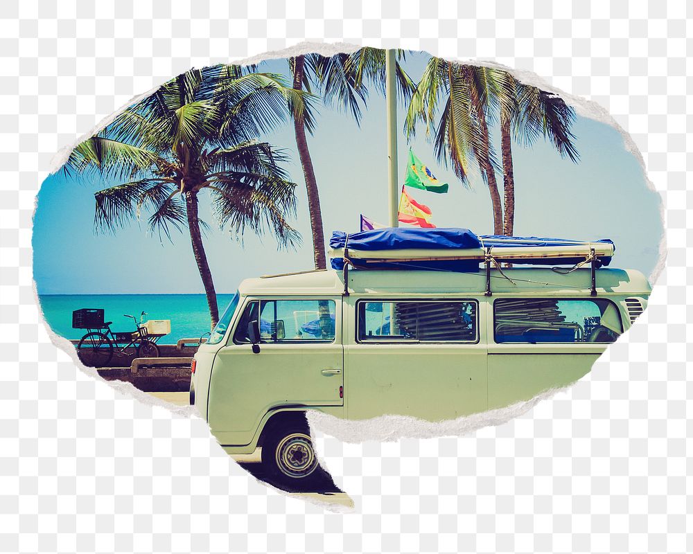 Png Summer camper van sticker, ripped paper speech bubble, transparent background