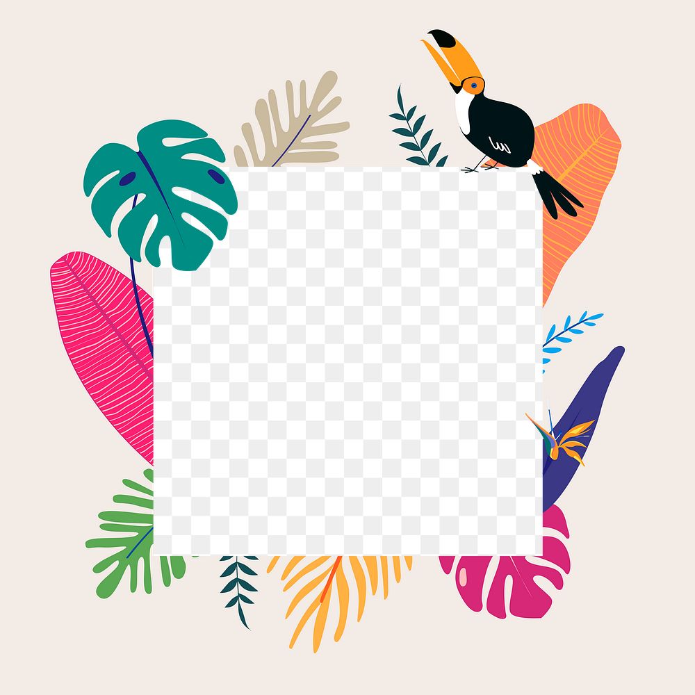 Colorful botanical frame png with tropical leaves and toucan bird, transparent background
