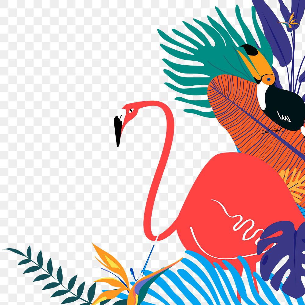 Botanical border frame png, aesthetic colorful tropical collage element with toucan and flamingo, transparent background