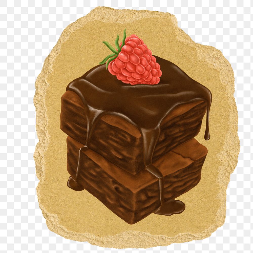 Raspberry brownies png dessert sticker, ripped paper on transparent background