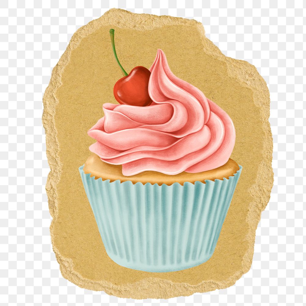 Pink cupcake png sticker, ripped paper on transparent background