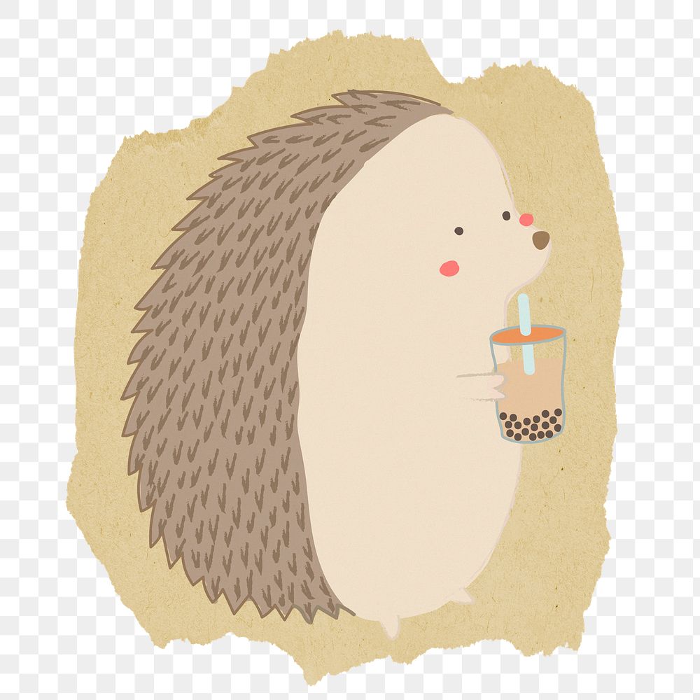 Hedgehog drinking png boba tea sticker, ripped paper on transparent background