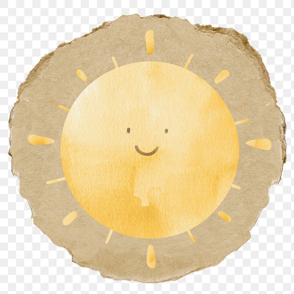 Sun doodle png weather sticker, ripped paper on transparent background