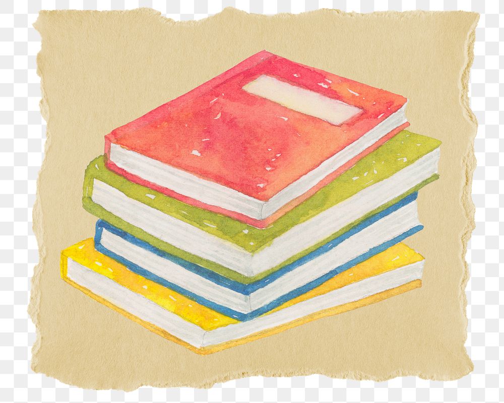 Stacked books png sticker, ripped paper, transparent background