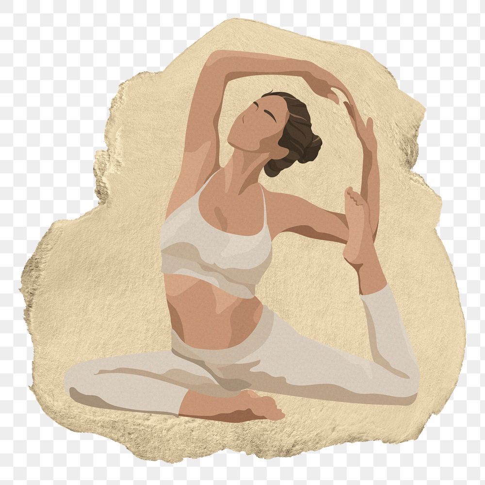 Woman png yoga pose sticker, ripped paper on transparent background