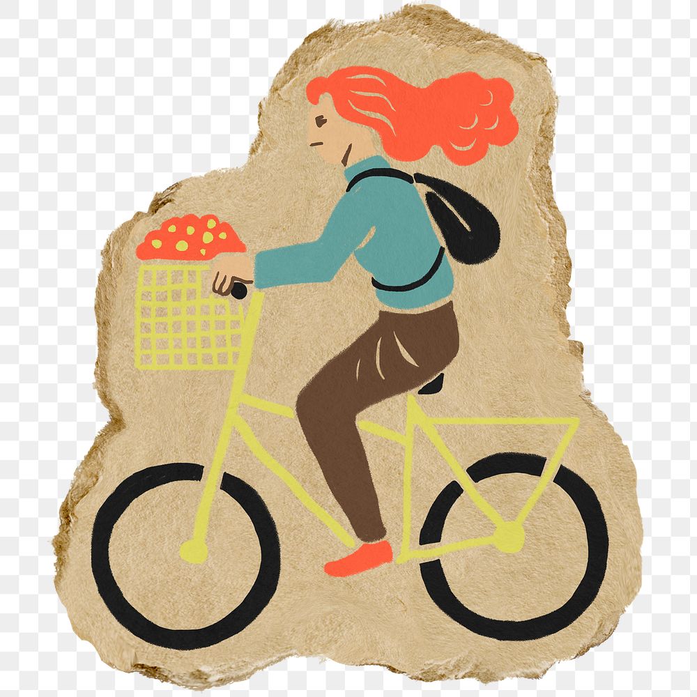 Woman riding bicycle png sticker, ripped paper, transparent background