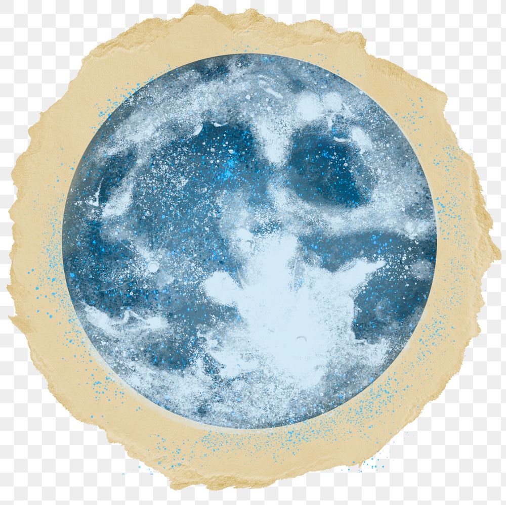 Blue super moon png sticker, ripped paper on transparent background