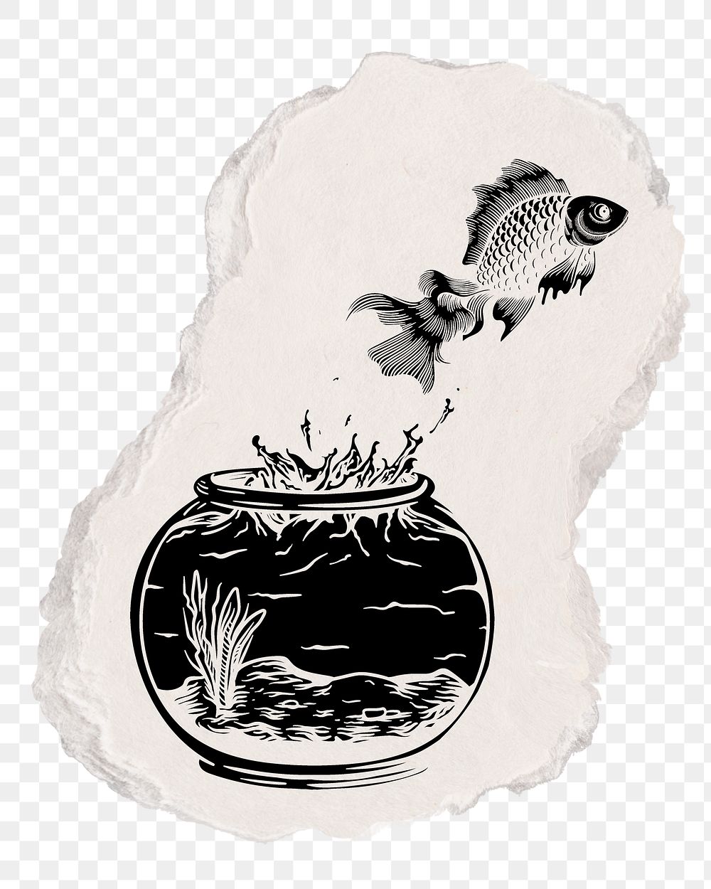 Fish escaping bowl png sticker, ripped paper, transparent background