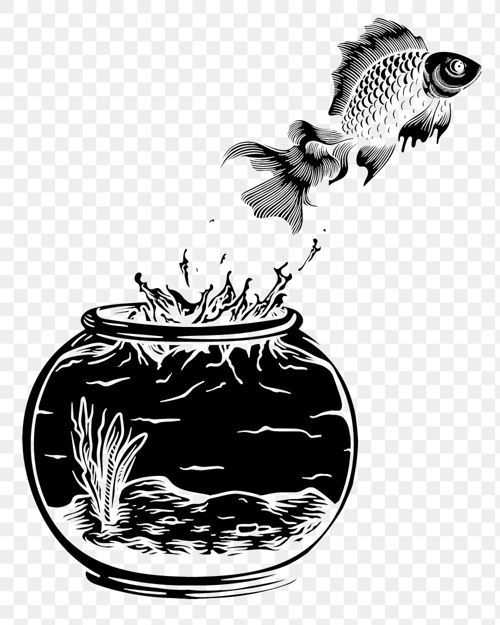 Fish escaping bowl png sticker, animal image, transparent background