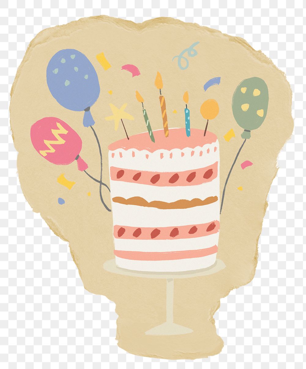 Birthday cake png sticker, ripped paper, transparent background