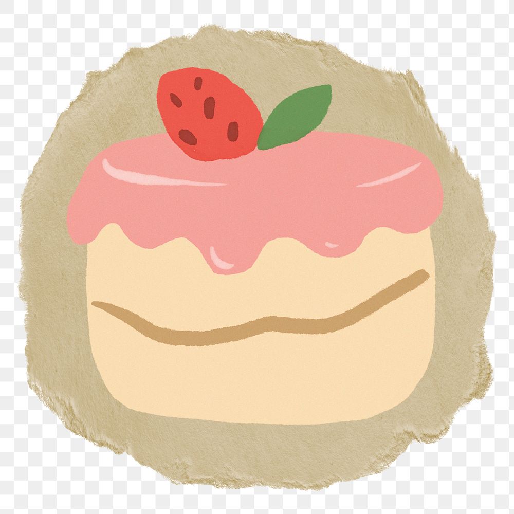 Strawberry cake png sticker, ripped paper, transparent background