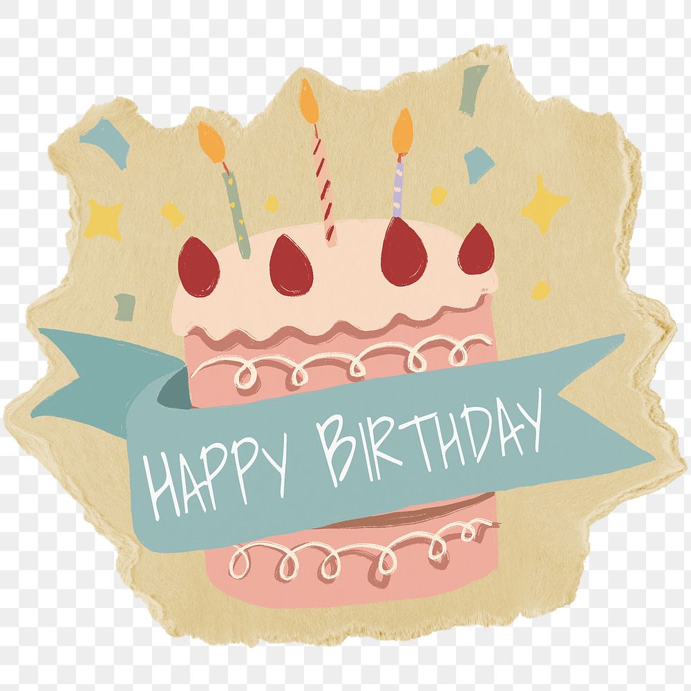 Birthday cake png sticker, ripped paper, transparent background