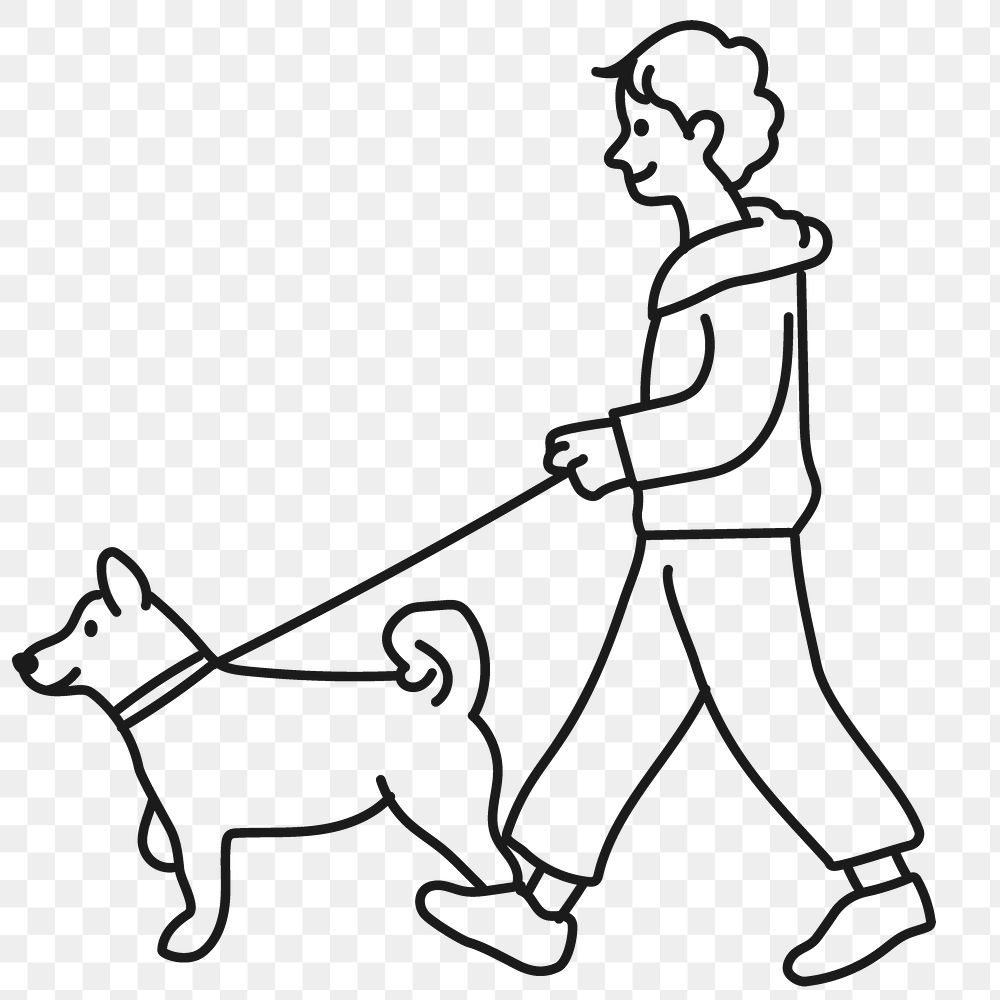 Png man walking dog sticker, hobby doodle character line art on transparent background