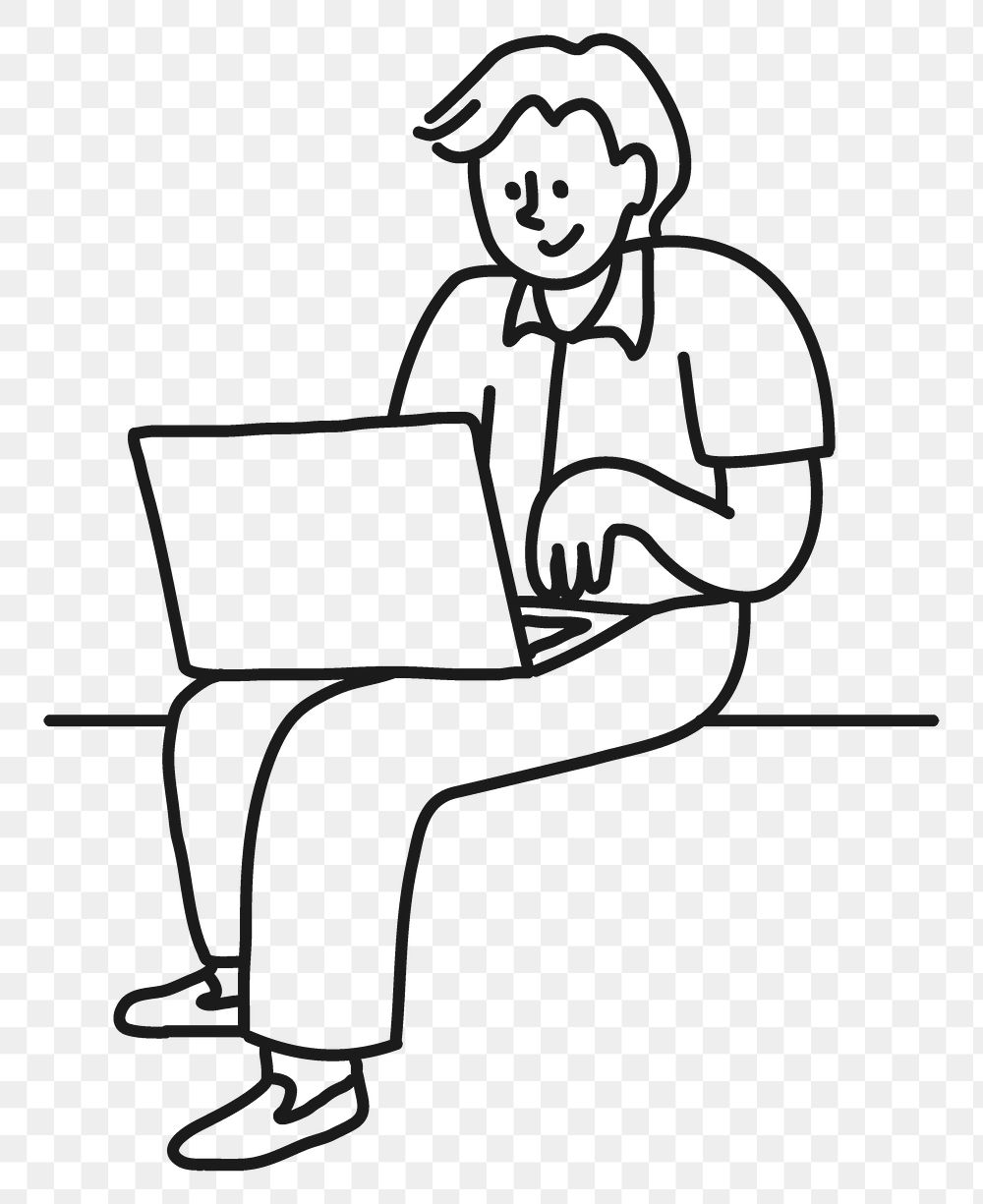 Png man working on laptop sticker, job doodle character line art on transparent background
