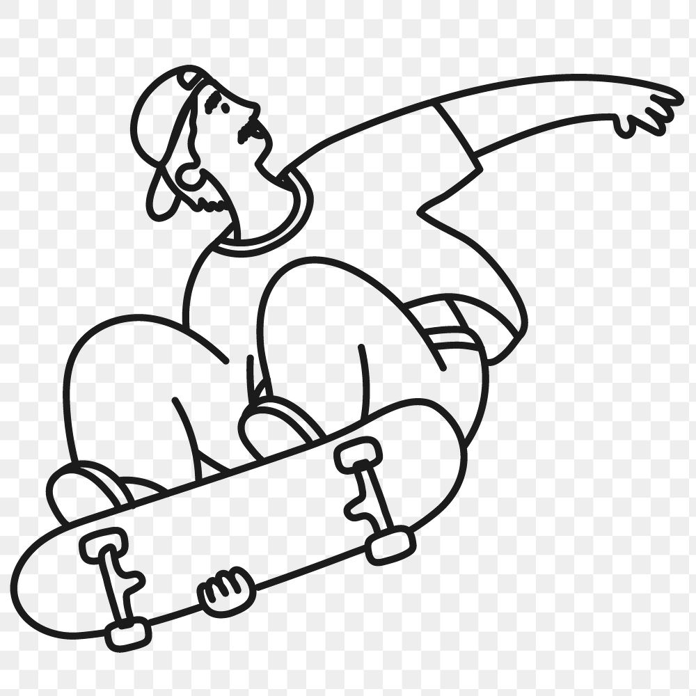 Male skateboarder png sticker, sport doodle character line art on transparent background
