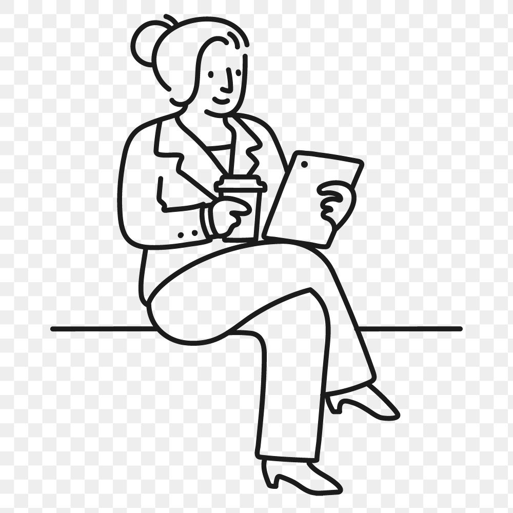 Png woman holding tablet sticker, morning routine line art drawing on transparent background