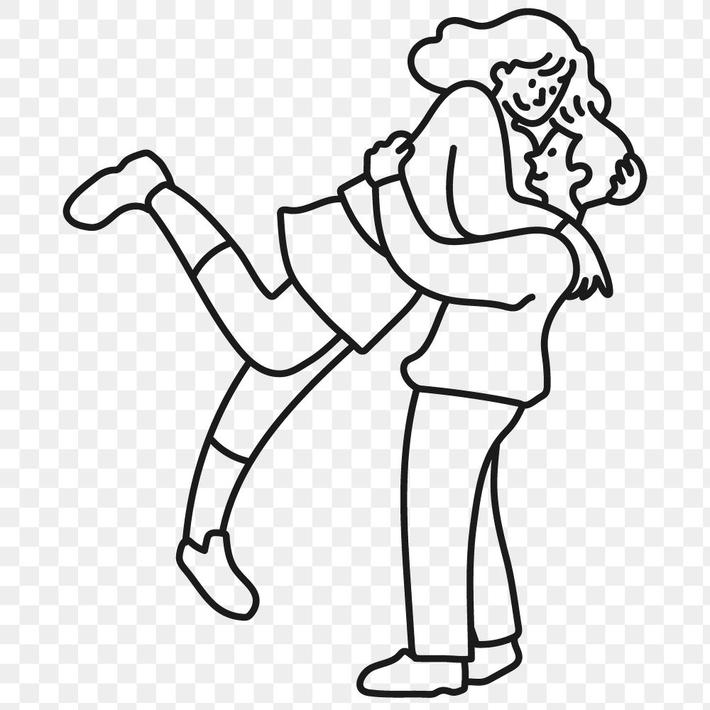 Png couple jumping hug sticker, love doodle character line art on transparent background