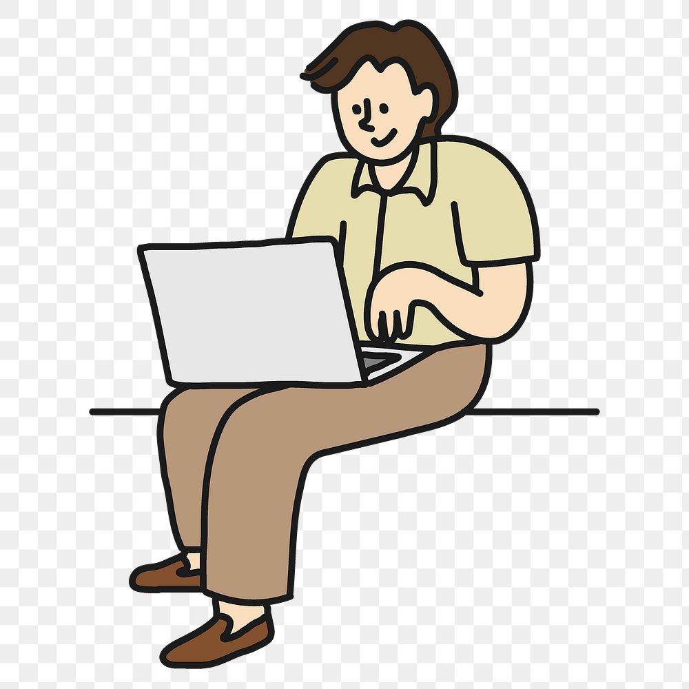 Png man using laptop sticker, job cartoon character doodle on transparent background
