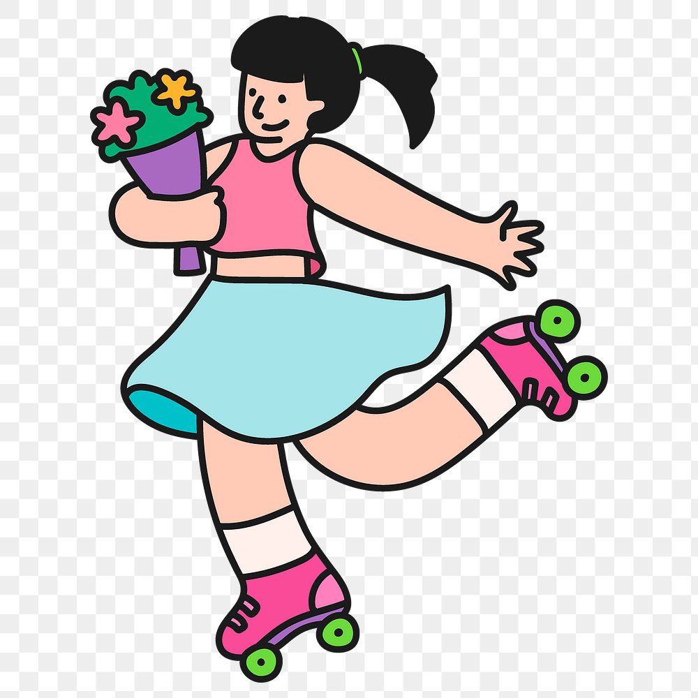 Png roller skating girl sticker, hobby cartoon character doodle on transparent background