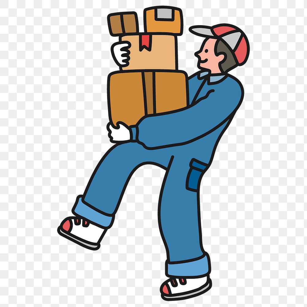 Png package delivery man sticker, logistics job cartoon character doodle on transparent background