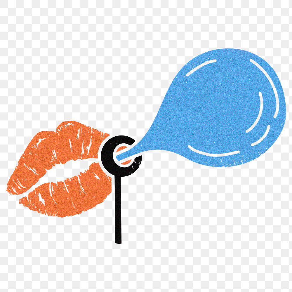 Png bubble gum lips sticker, mouth blowing balloon, transparent background
