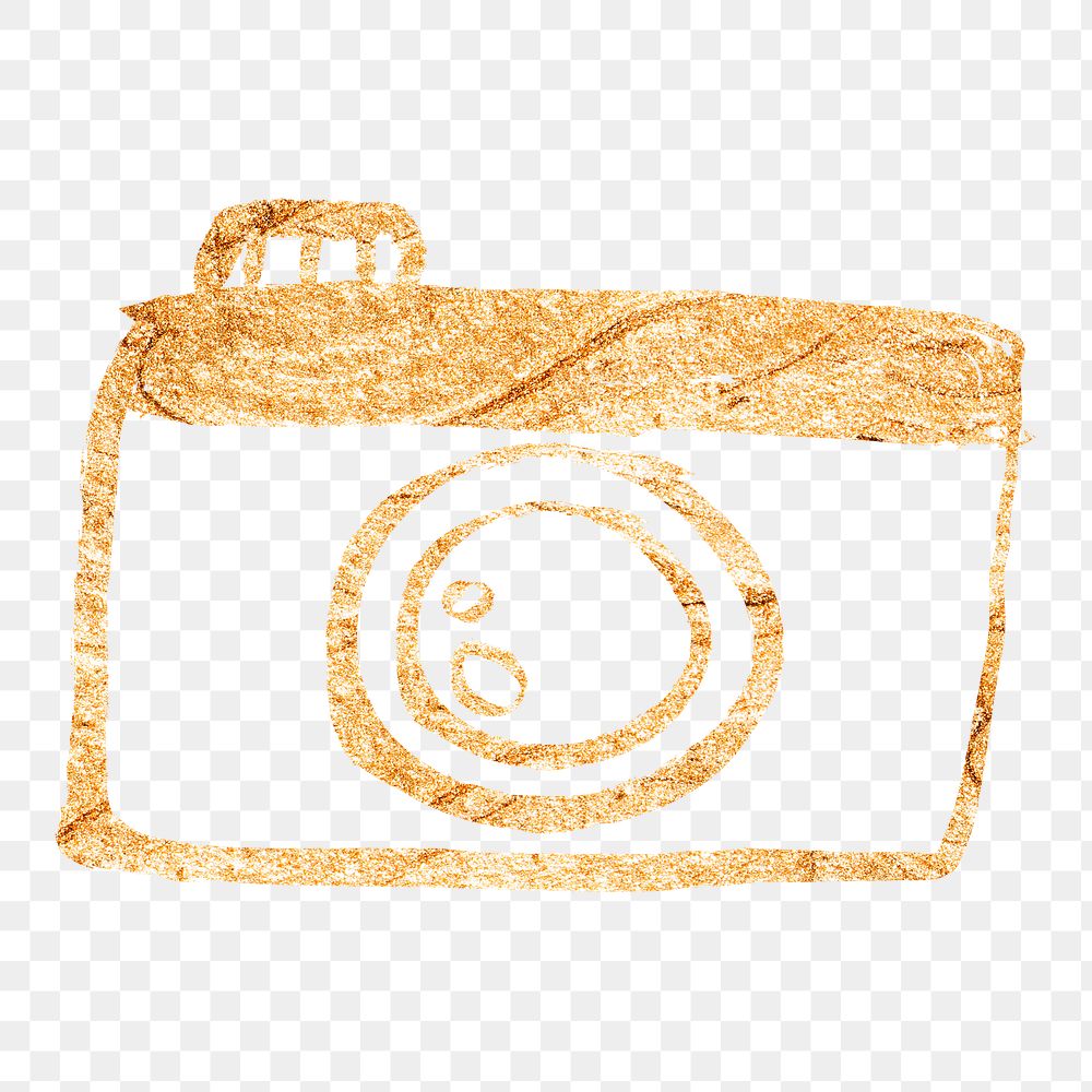 Camera png sticker, gold glittery doodle, transparent background