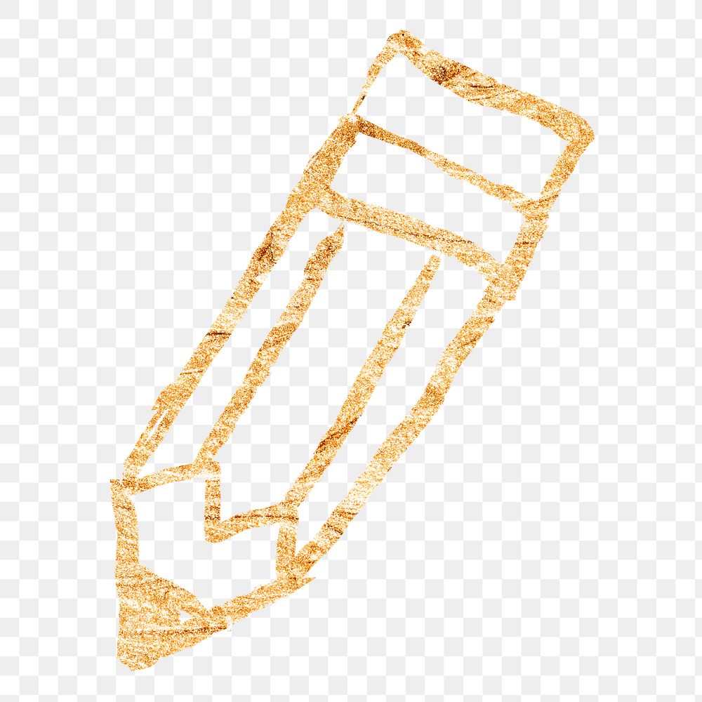 Pencil png sticker, gold glittery doodle, transparent background