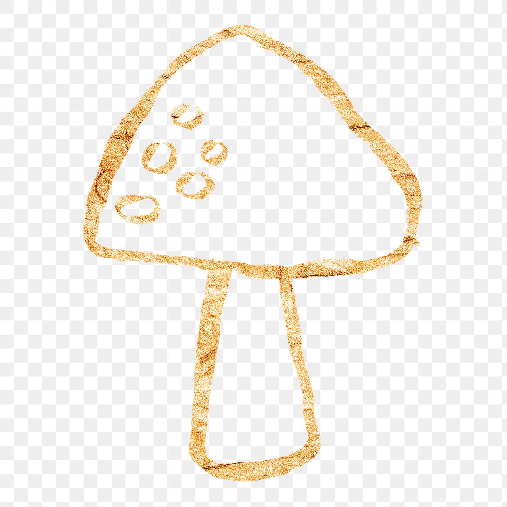 Mushroom png sticker, gold glittery doodle, transparent background