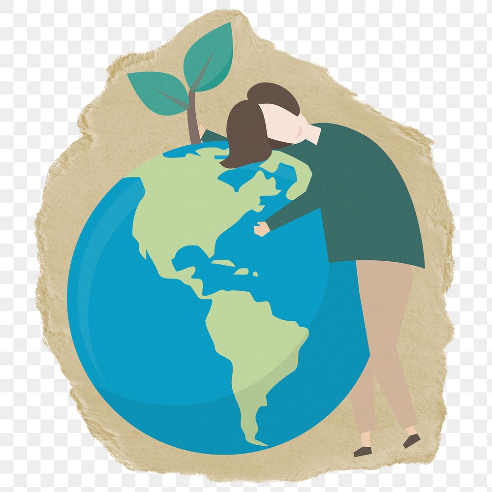 Person hugging globe png sticker, ripped paper, transparent background