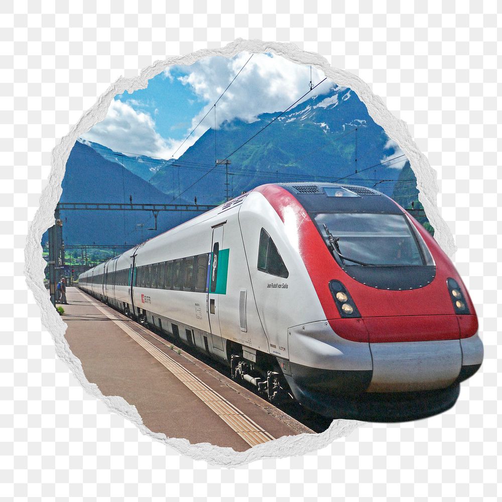 Speed train png sticker, transportation photo in ripped paper badge, transparent background