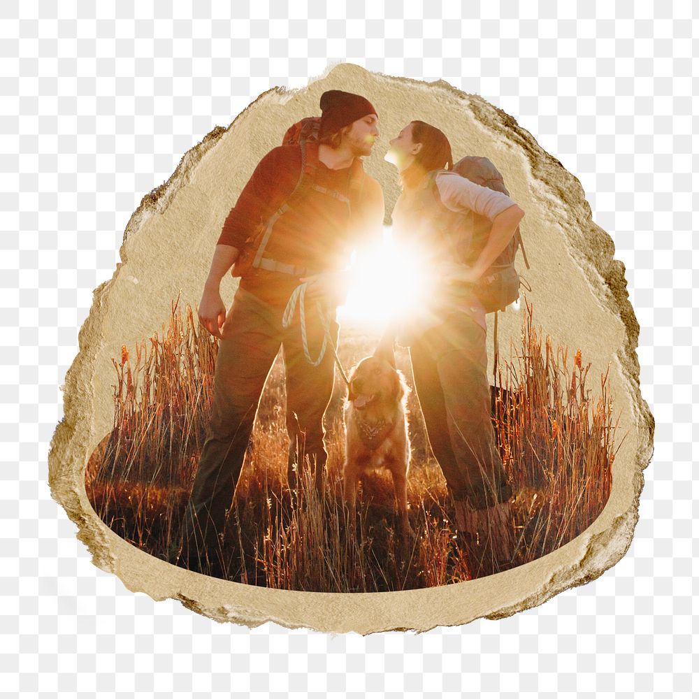 Backpacking couple png sticker, ripped paper, transparent background