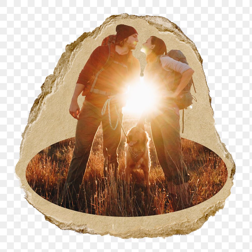 Backpacking couple png sticker, ripped paper, transparent background