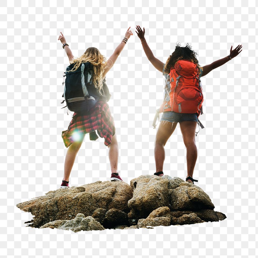 PNG Backpacker friends traveling together, collage element, transparent background