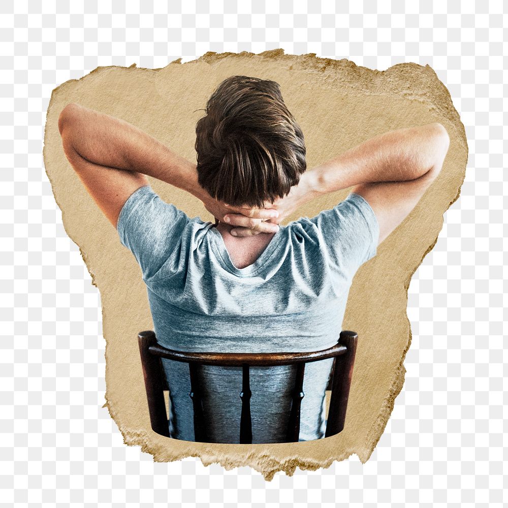 Man stretching png sticker, ripped paper, transparent background