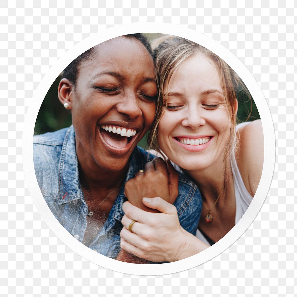 Png happy lesbian couple badge sticker, LGBTQ photo in circle frame, transparent background
