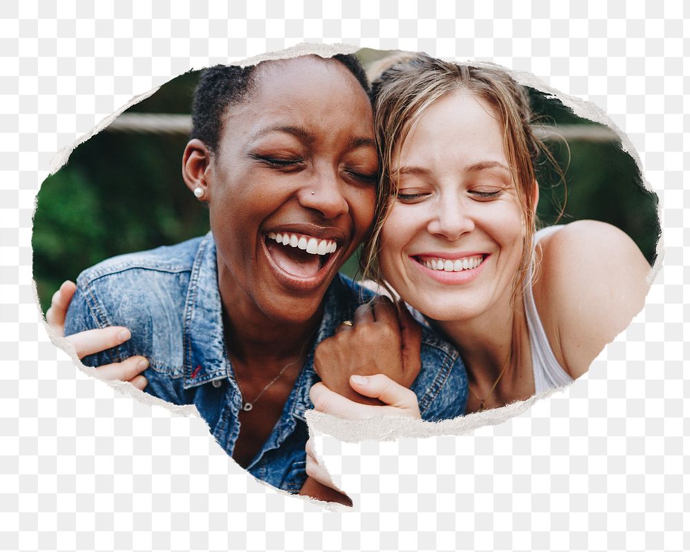 Png happy lesbian couple, ripped paper speech bubble, LGBTQ image, transparent background