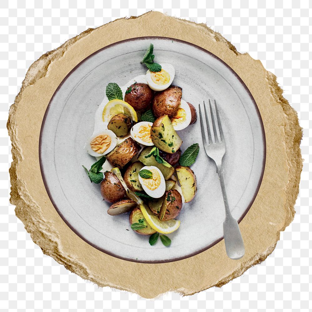 Homemade potato png salad sticker, ripped paper, transparent background