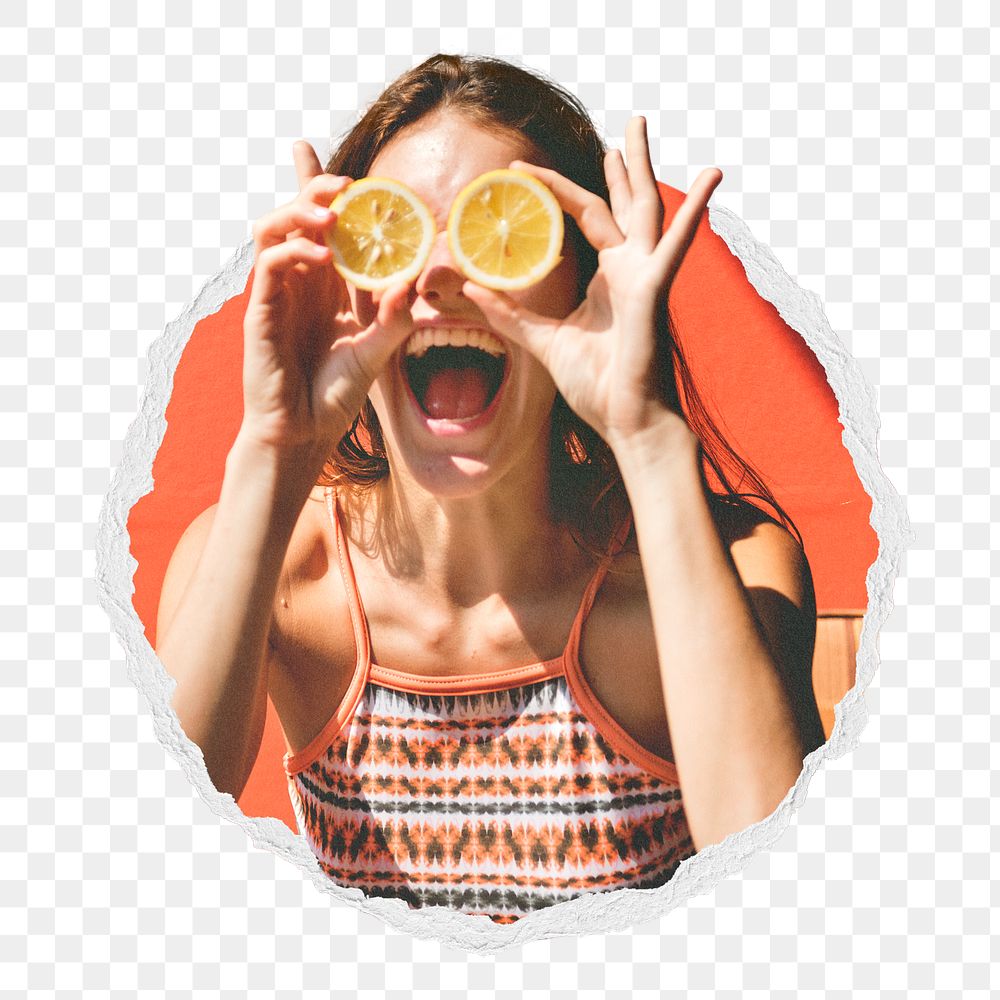 Happy woman png holding oranges sticker, Summer photo in ripped paper badge, transparent background