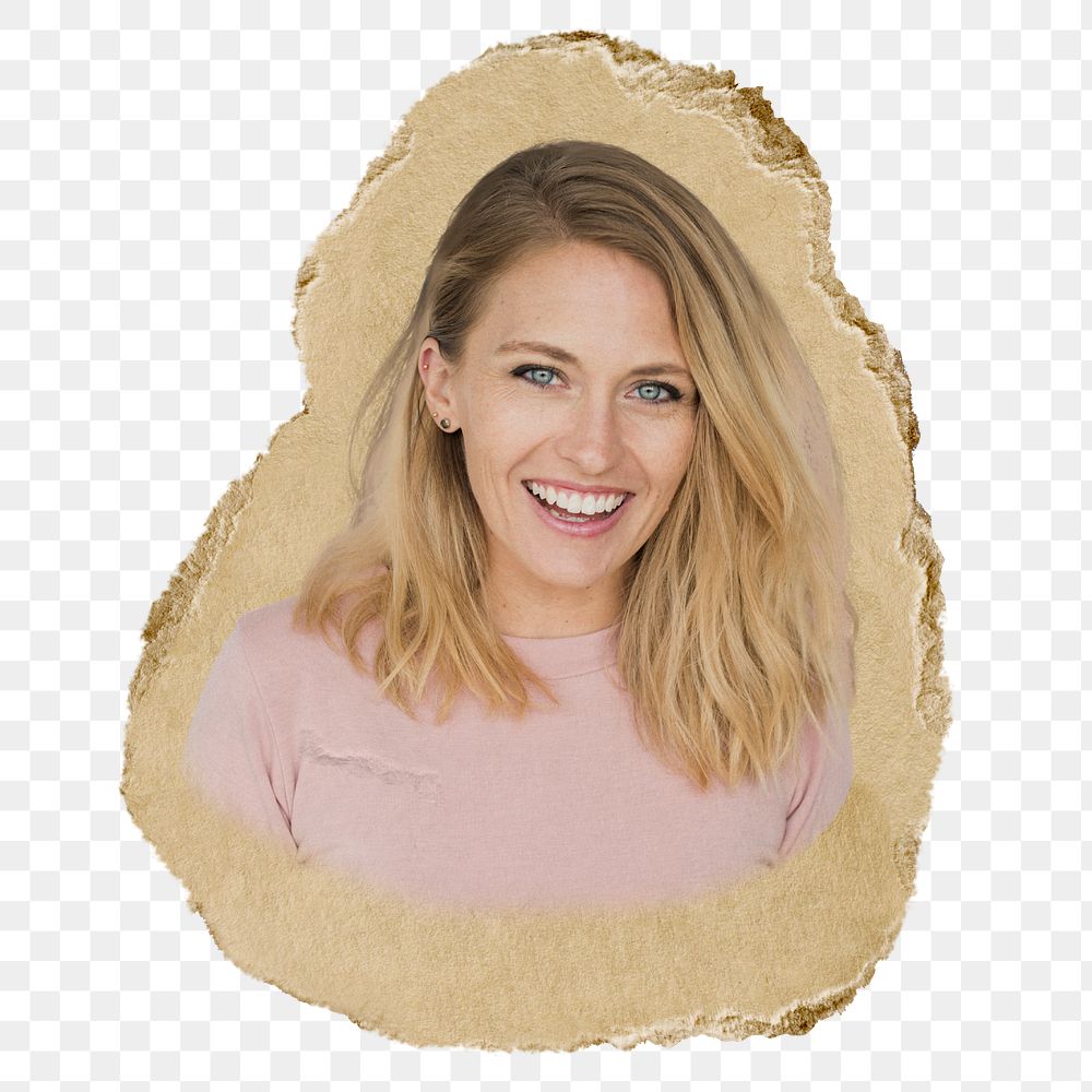 Blonde woman png smiling sticker, ripped paper, transparent background