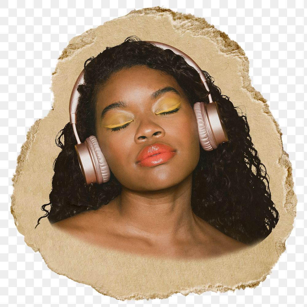 Woman listening png to music sticker, ripped paper, transparent background